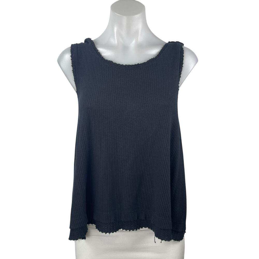 Free People We The Free Black Rib Knit Fringe V Open Back Boxy Tank Top Size S